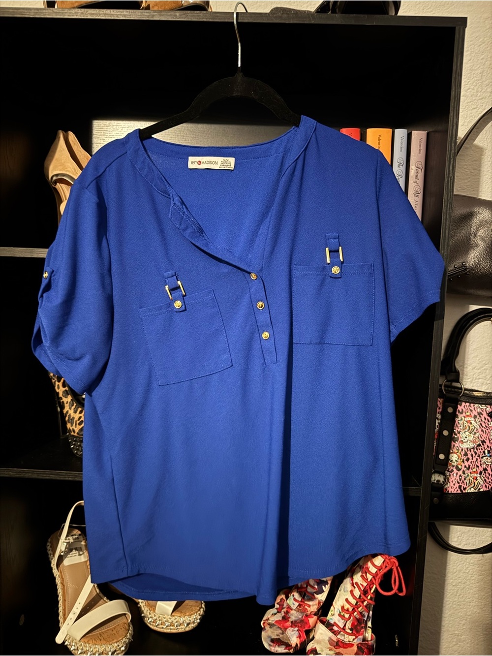Madison Royal Blue Short Sleeve Henley Tunic with Gold Accents